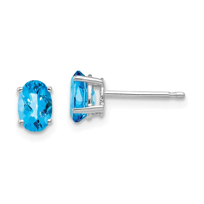 Goldia Earrings 14k White Gold 6x4mm Oval Blue Topaz Checker Earrings
