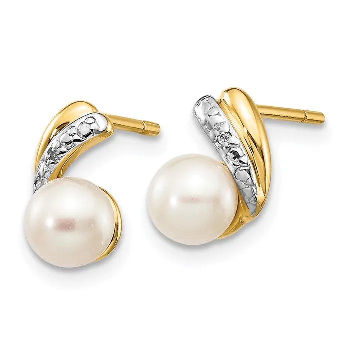 Goldia Earrings 14k Yellow Gold 56mm White Round FWC Pearl 01ct Real Diamond Post Earrings