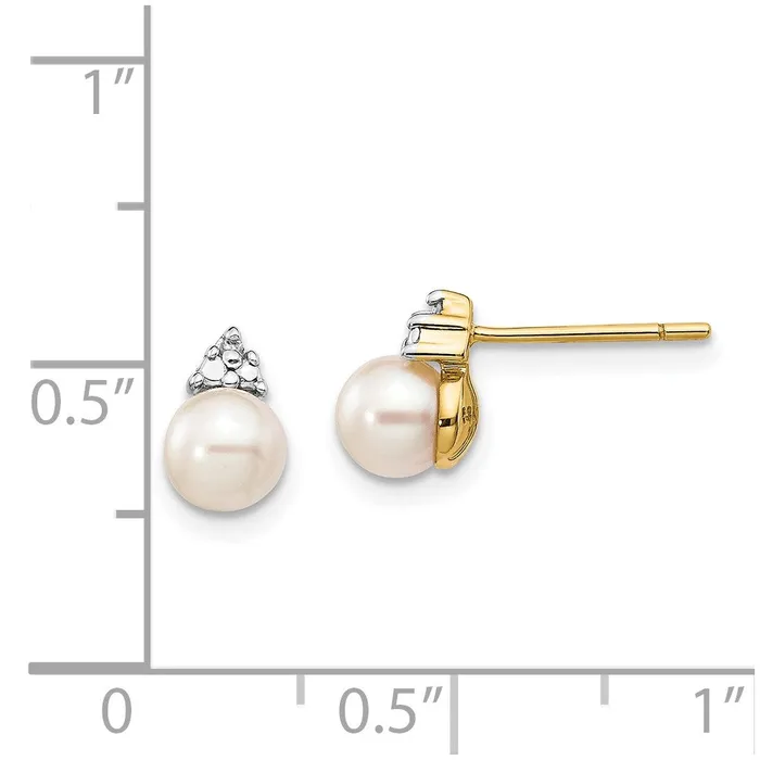 Goldia Earrings 14k Yellow Gold 56mm White Round FWC Pearl 01ct Real Diamond Post Earrings
