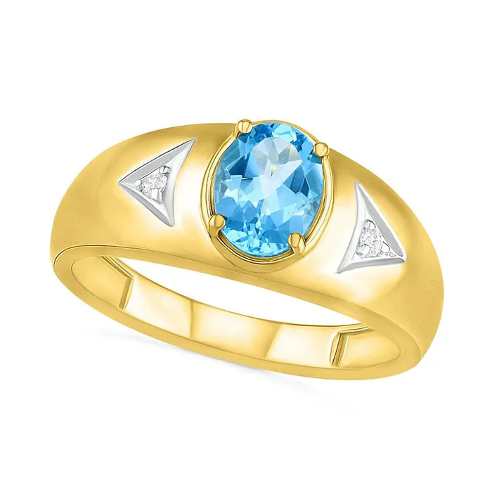 Goldia Mens Oval Blue Topaz and Natural Diamond Accent Triangle Side Accent Ring in Solid 10K Yellow Gold Rings Goldia Mens Oval Blue Topaz and Natural Diamond Accent Triangle Side Accent Ring in Solid 10K Yellow Gold Rings