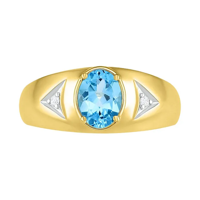 Goldia Mens Oval Blue Topaz and Natural Diamond Accent Triangle Side Accent Ring in Solid 10K Yellow Gold Rings Goldia Mens Oval Blue Topaz and Natural Diamond Accent Triangle Side Accent Ring in Solid 10K Yellow Gold Rings