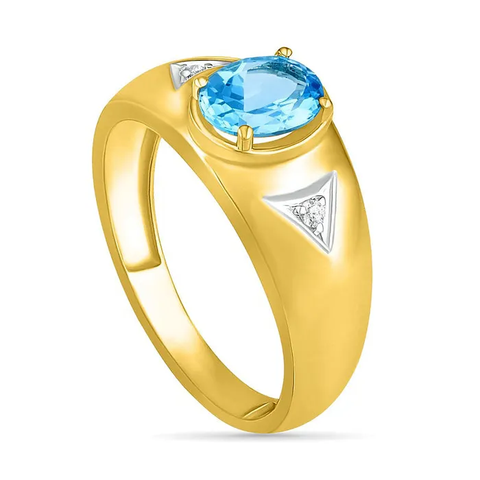 Goldia Mens Oval Blue Topaz and Natural Diamond Accent Triangle Side Accent Ring in Solid 10K Yellow Gold Rings Goldia Mens Oval Blue Topaz and Natural Diamond Accent Triangle Side Accent Ring in Solid 10K Yellow Gold Rings