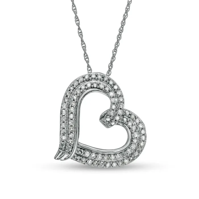 Goldia Necklaces 05 CT TW Natural Diamond Double Row Tilted Ribbon Heart Pendant in 10K White Gold