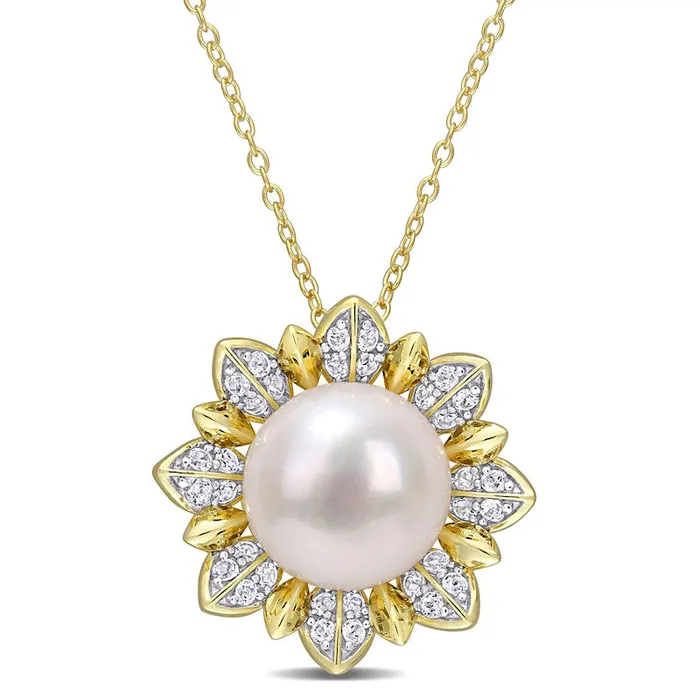 Goldia Necklaces 115120mm Button Cultured Freshwater Pearl and White Topaz Sunburst Pendant in Sterling Silver with Yellow Rhodium Goldia Necklaces 115120mm Button Cultured Freshwater Pearl and White Topaz Sunburst Pendant in Sterling Silver with Yellow Rhodium