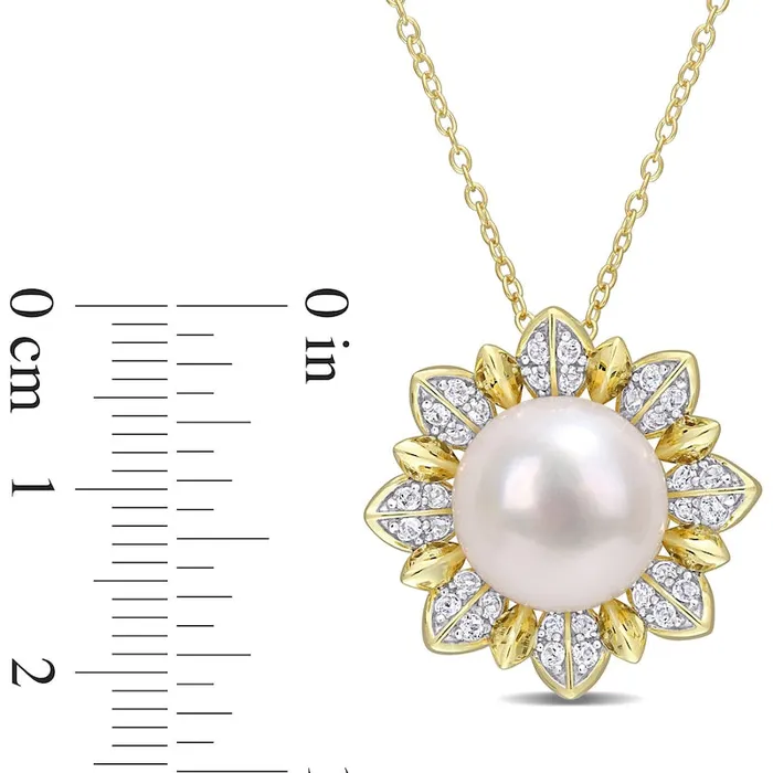 Goldia Necklaces 115120mm Button Cultured Freshwater Pearl and White Topaz Sunburst Pendant in Sterling Silver with Yellow Rhodium