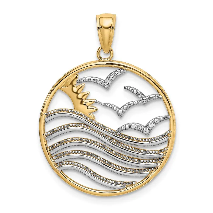 Goldia Necklaces 14k Yellow Rhodium Gold wRhodium Sunset and Seagulls In Circle Pendant Goldia Necklaces 14k Yellow Rhodium Gold wRhodium Sunset and Seagulls In Circle Pendant