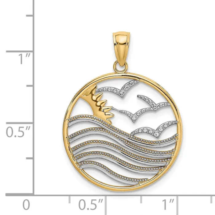 Goldia Necklaces 14k Yellow Rhodium Gold wRhodium Sunset and Seagulls In Circle Pendant