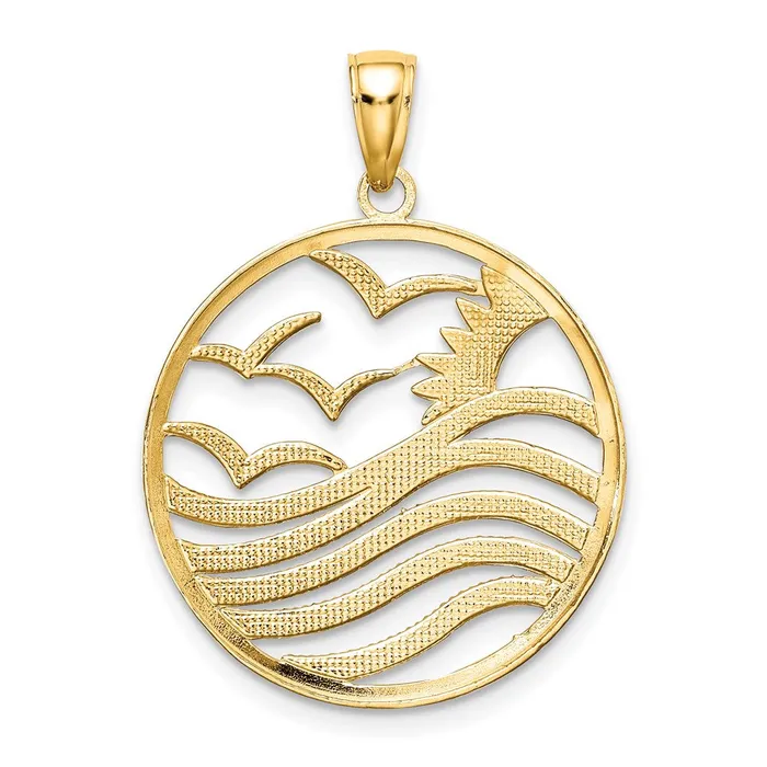 Goldia Necklaces 14k Yellow Rhodium Gold wRhodium Sunset and Seagulls In Circle Pendant