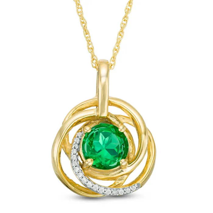 Goldia Necklaces 70mm LabCreated Emerald and Diamond Accent Love Knot Pendant in 10K Yellow Gold Goldia Necklaces 70mm LabCreated Emerald and Diamond Accent Love Knot Pendant in 10K Yellow Gold
