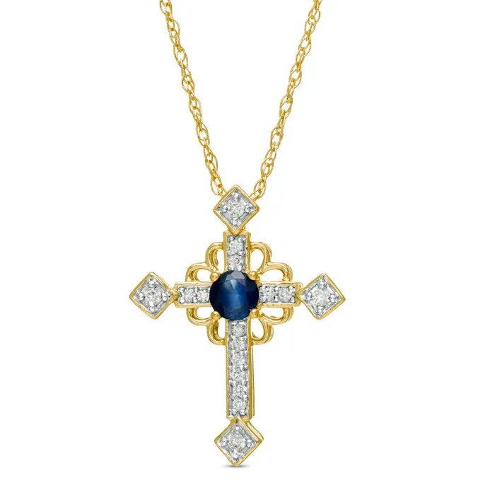Goldia Necklaces Blue Sapphire and 005 CT TW Natural Diamond Ornate Cross Pendant in 10K Yellow Gold Goldia Necklaces Blue Sapphire and 005 CT TW Natural Diamond Ornate Cross Pendant in 10K Yellow Gold