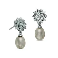 Goldia Oval Cultured Freshwater Pearl and White Topaz Cluster Drop Earrings in Sterling Silver Earrings Goldia Oval Cultured Freshwater Pearl and White Topaz Cluster Drop Earrings in Sterling Silver Earrings