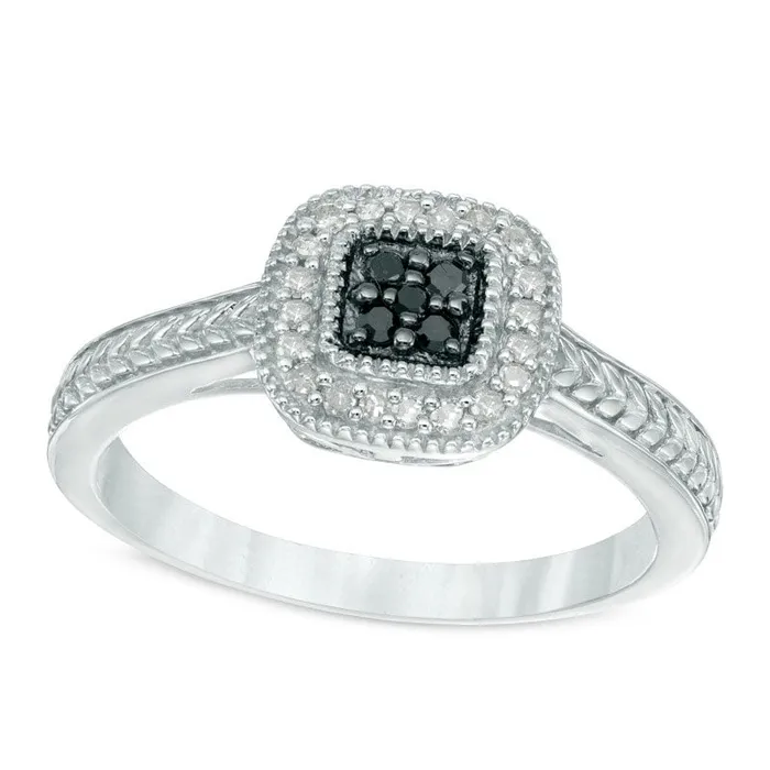Goldia Rings 013 CT TW Enhanced Black and White Composite Natural Diamond Cushion Frame Ring in Sterling Silver Goldia Rings 013 CT TW Enhanced Black and White Composite Natural Diamond Cushion Frame Ring in Sterling Silver