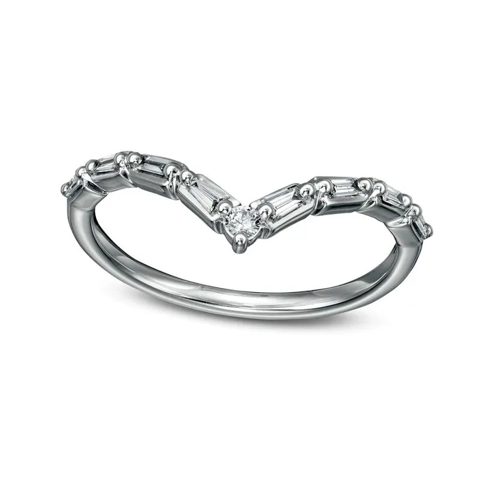Goldia Rings 017 CT TW Baguette and Round Natural Diamond Chevron Anniversary Band in Solid 14K White Gold Goldia Rings 017 CT TW Baguette and Round Natural Diamond Chevron Anniversary Band in Solid 14K White Gold