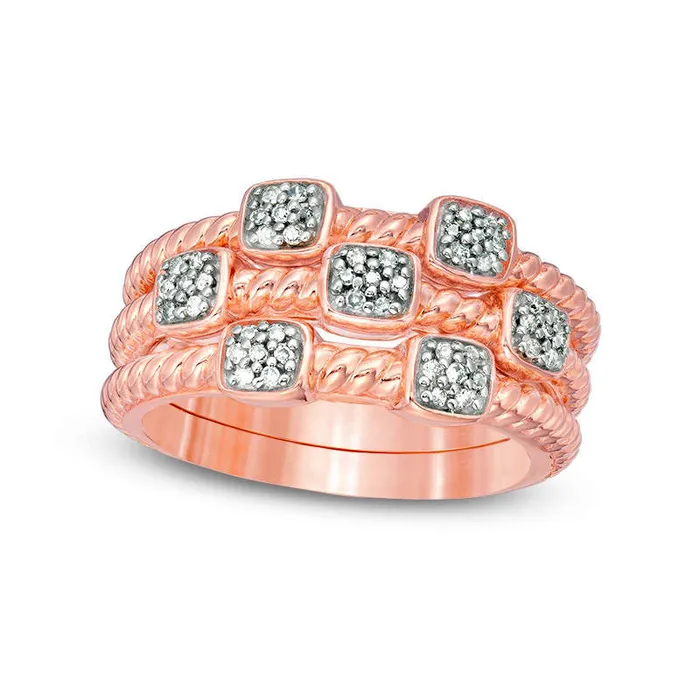 Goldia Rings 020 CT TW Composite Natural Diamond Rope Shank Three Piece Stackable Band Set in Sterling Silver with Solid 14K Rose Gold Plate Goldia Rings 020 CT TW Composite Natural Diamond Rope Shank Three Piece Stackable Band Set in Sterling Silver with Solid 14K Rose Gold Plate