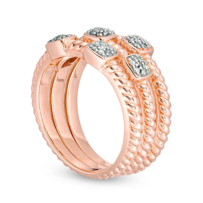 Goldia Rings 020 CT TW Composite Natural Diamond Rope Shank Three Piece Stackable Band Set in Sterling Silver with Solid 14K Rose Gold Plate Goldia Rings 020 CT TW Composite Natural Diamond Rope Shank Three Piece Stackable Band Set in Sterling Silver with Solid 14K Rose Gold Plate