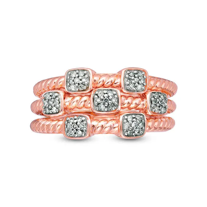 Goldia Rings 020 CT TW Composite Natural Diamond Rope Shank Three Piece Stackable Band Set in Sterling Silver with Solid 14K Rose Gold Plate Goldia Rings 020 CT TW Composite Natural Diamond Rope Shank Three Piece Stackable Band Set in Sterling Silver with Solid 14K Rose Gold Plate