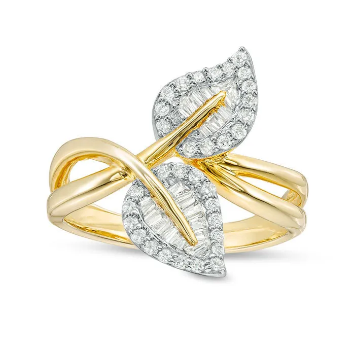 Goldia Rings 038 CT TW Baguette and Round Natural Diamond Bypass Double Leaf Ring in Solid 10K Yellow Gold Goldia Rings 038 CT TW Baguette and Round Natural Diamond Bypass Double Leaf Ring in Solid 10K Yellow Gold