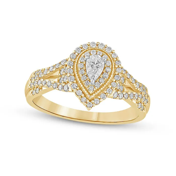 Goldia Rings 050 CT TW PearShaped Natural Diamond Frame Antique VintageStyle MultiRow Engagement Ring in Solid 10K Yellow Gold Goldia Rings 050 CT TW PearShaped Natural Diamond Frame Antique VintageStyle MultiRow Engagement Ring in Solid 10K Yellow Gold