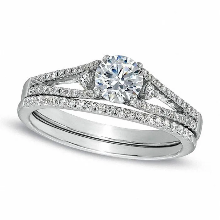 Goldia Rings 075 CT TW Natural Diamond Three Stone Bridal Engagement Ring Set in Solid 14K White Gold Goldia Rings 075 CT TW Natural Diamond Three Stone Bridal Engagement Ring Set in Solid 14K White Gold