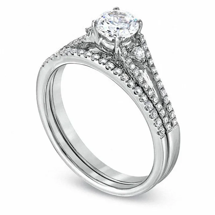 Goldia Rings 075 CT TW Natural Diamond Three Stone Bridal Engagement Ring Set in Solid 14K White Gold Goldia Rings 075 CT TW Natural Diamond Three Stone Bridal Engagement Ring Set in Solid 14K White Gold