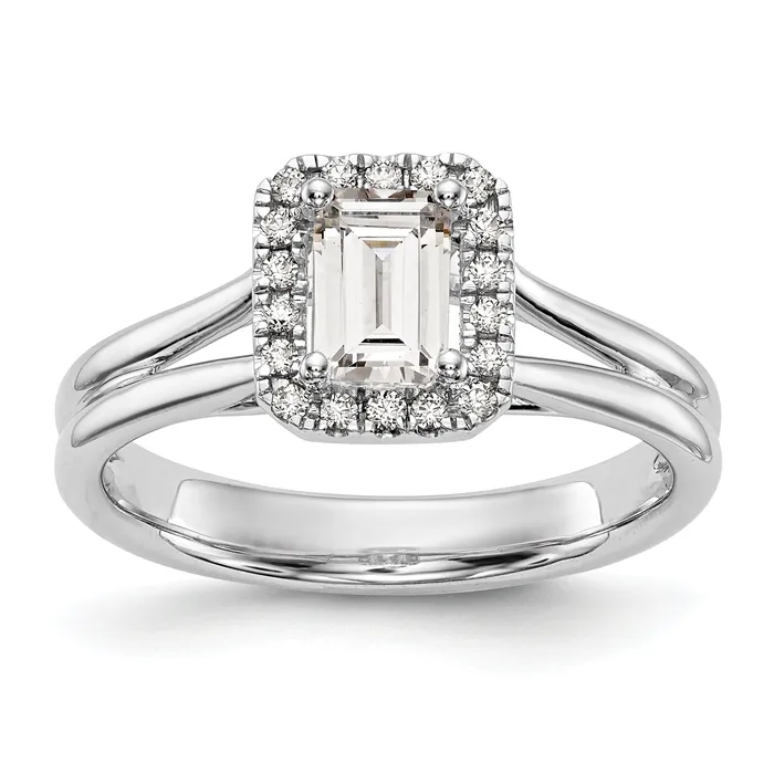 Goldia Rings 075ct CZ Solid Real 14K White Gold Emerald Halo Split Shank Engagement Ring