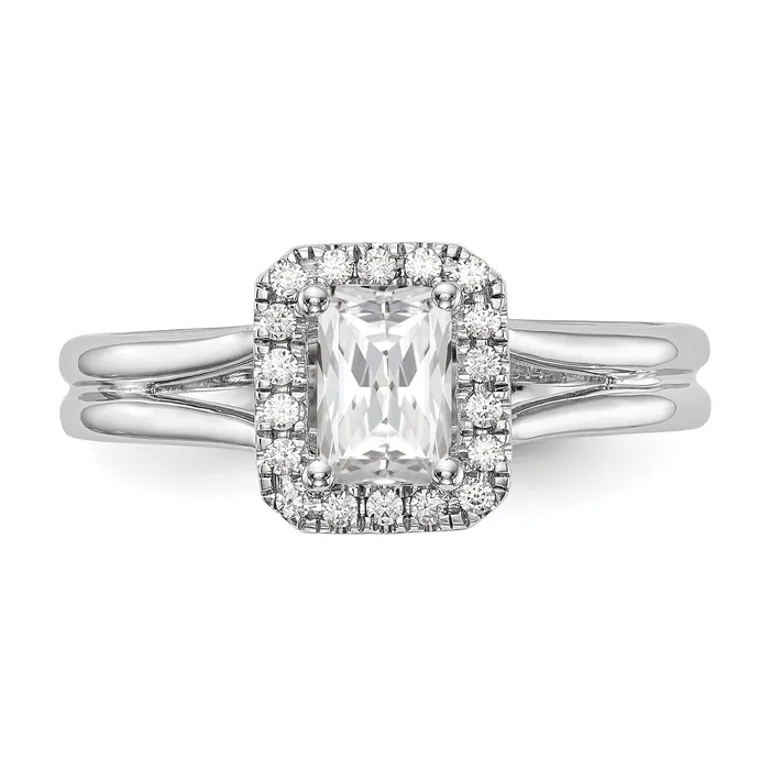 Goldia Rings 075ct CZ Solid Real 14K White Gold Emerald Halo Split Shank Engagement Ring