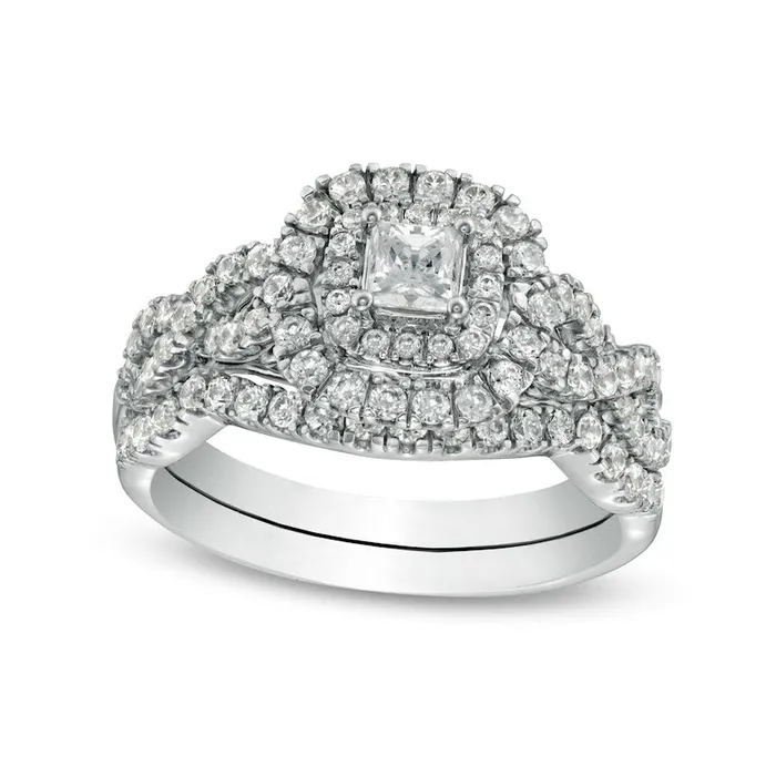 Goldia Rings 10 CT TW PrincessCut Natural Diamond Double Frame Twist Shank Bridal Engagement Ring Set in Solid 14K White Gold