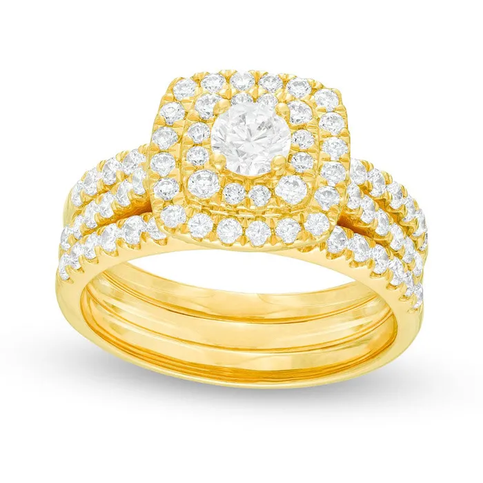 Goldia Rings 15 CT TW Natural Diamond Double Cushion Frame Three Piece Bridal Engagement Ring Set in Solid 10K Yellow Gold Goldia Rings 15 CT TW Natural Diamond Double Cushion Frame Three Piece Bridal Engagement Ring Set in Solid 10K Yellow Gold