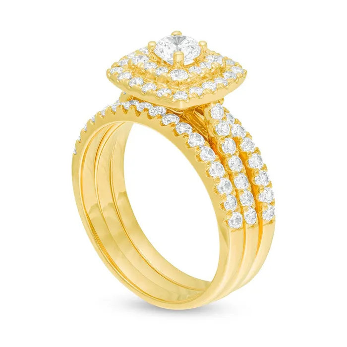 Goldia Rings 15 CT TW Natural Diamond Double Cushion Frame Three Piece Bridal Engagement Ring Set in Solid 10K Yellow Gold Goldia Rings 15 CT TW Natural Diamond Double Cushion Frame Three Piece Bridal Engagement Ring Set in Solid 10K Yellow Gold