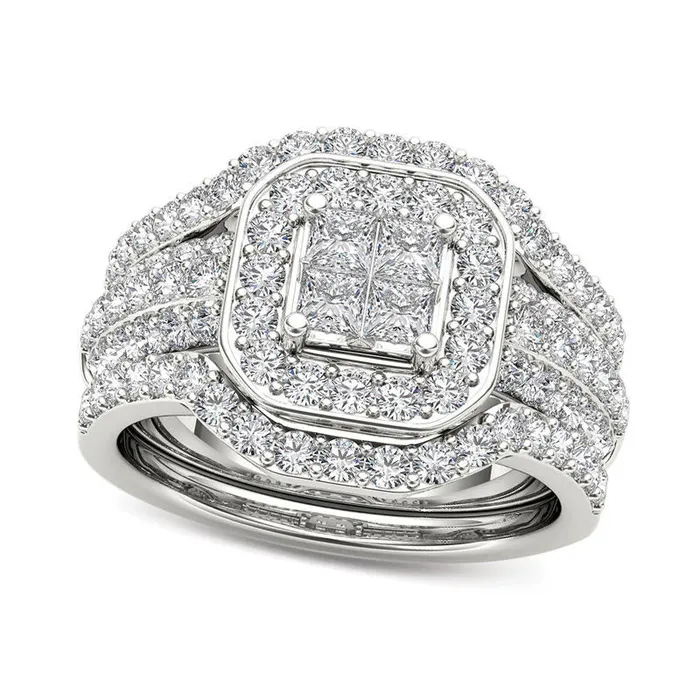 Goldia Rings 175 CT TW Quad PrincessCut Natural Diamond Frame Three Piece Bridal Engagement Ring Set in Solid 14K White Gold Goldia Rings 175 CT TW Quad PrincessCut Natural Diamond Frame Three Piece Bridal Engagement Ring Set in Solid 14K White Gold