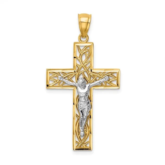 Goldia Rings 14k Twotone Gold Twotone Gold Satin Polished DC Crucifix WVines Pendant Goldia Rings 14k Twotone Gold Twotone Gold Satin Polished DC Crucifix WVines Pendant