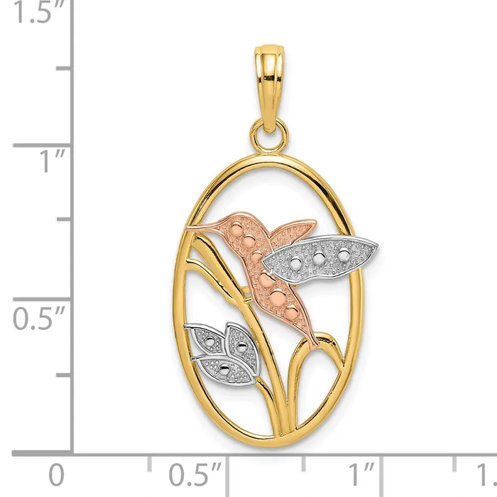 Goldia Rings 14k Twotone Gold with White Rhodium Hummingbird and Flowers In Oval Frame Charm