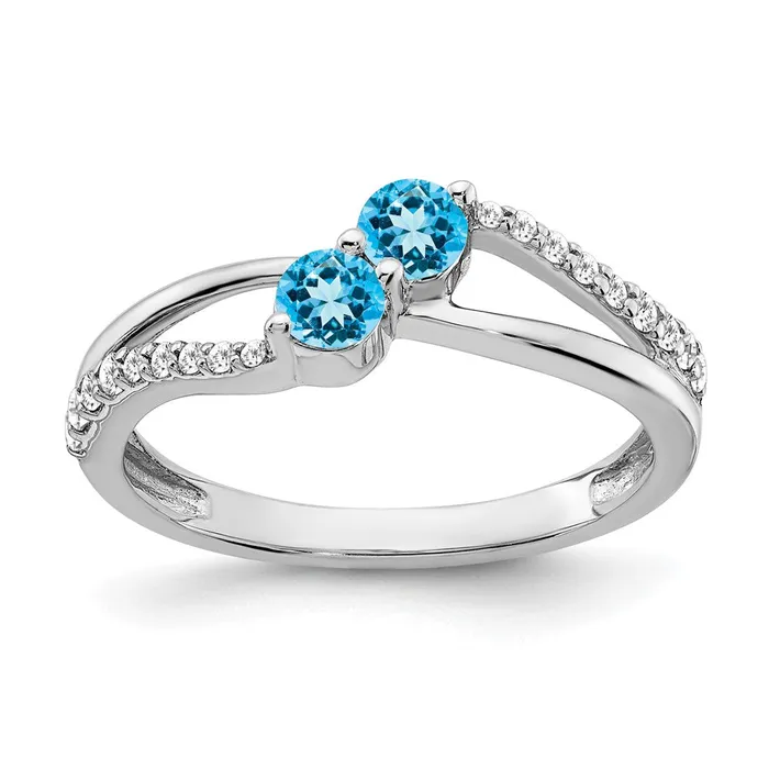 Goldia Rings 14k White Gold Blue Topaz and Real Diamond 2stone Ring