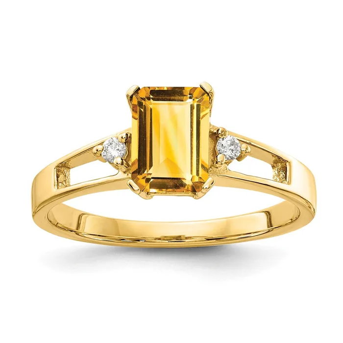 Goldia Rings 14k Yellow Gold 7x5mm Emerald Cut Citrine VS Diamond ring