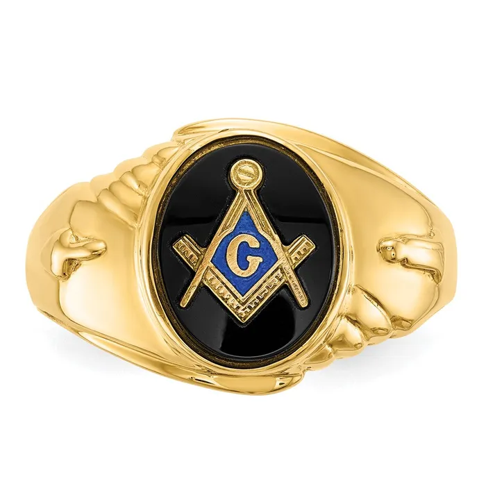 Goldia Rings 14k Yellow Gold Mens Polished and Textured with Oval Onyx Masonic Ring