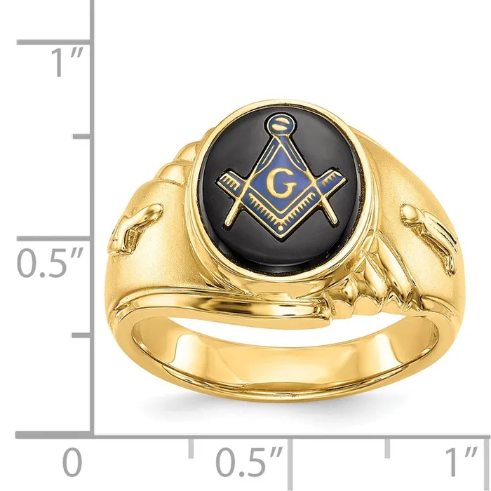 Goldia Rings 14k Yellow Gold Mens Polished and Textured with Oval Onyx Masonic Ring