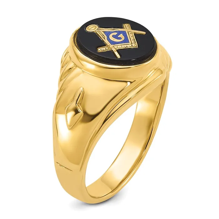 Goldia Rings 14k Yellow Gold Mens Polished and Textured with Oval Onyx Masonic Ring