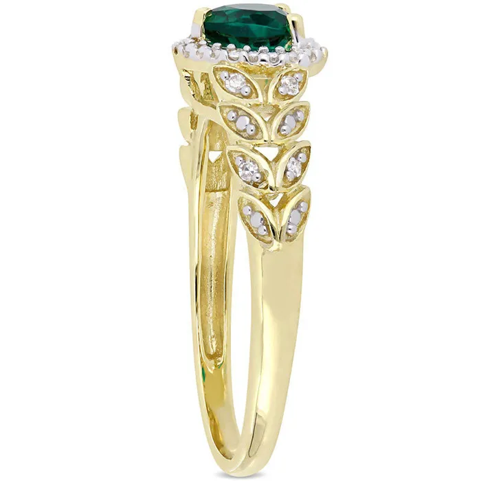 Goldia Rings 50mm HeartShaped LabCreated Emerald and 005 CT TW Diamond Beaded Frame Leaf Shank Ring in Solid 10K Yellow Gold Goldia Rings 50mm HeartShaped LabCreated Emerald and 005 CT TW Diamond Beaded Frame Leaf Shank Ring in Solid 10K Yellow Gold