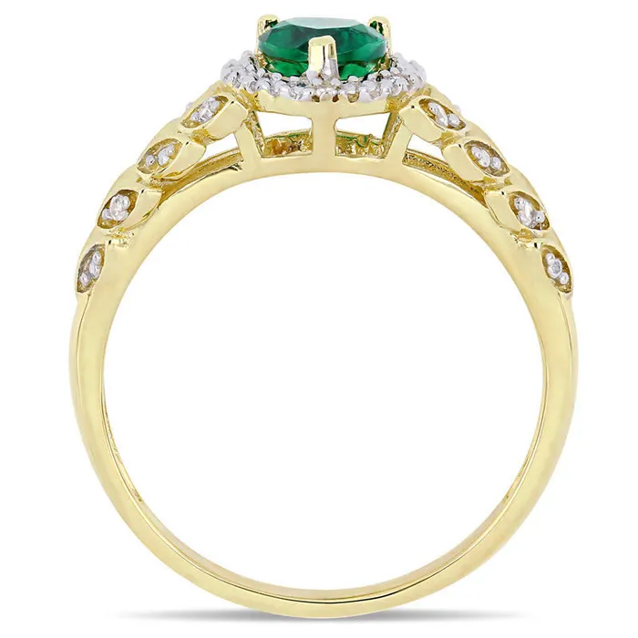 Goldia Rings 50mm HeartShaped LabCreated Emerald and 005 CT TW Diamond Beaded Frame Leaf Shank Ring in Solid 10K Yellow Gold Goldia Rings 50mm HeartShaped LabCreated Emerald and 005 CT TW Diamond Beaded Frame Leaf Shank Ring in Solid 10K Yellow Gold