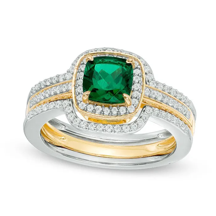 Goldia Rings 60mm CushionCut LabCreated Emerald and White Sapphire Frame Bridal Engagement Ring Set in Sterling Silver and Solid 14K Gold Plate Goldia Rings 60mm CushionCut LabCreated Emerald and White Sapphire Frame Bridal Engagement Ring Set in Sterling Silver and Solid 14K Gold Plate