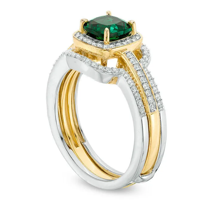 Goldia Rings 60mm CushionCut LabCreated Emerald and White Sapphire Frame Bridal Engagement Ring Set in Sterling Silver and Solid 14K Gold Plate Goldia Rings 60mm CushionCut LabCreated Emerald and White Sapphire Frame Bridal Engagement Ring Set in Sterling Silver and Solid 14K Gold Plate