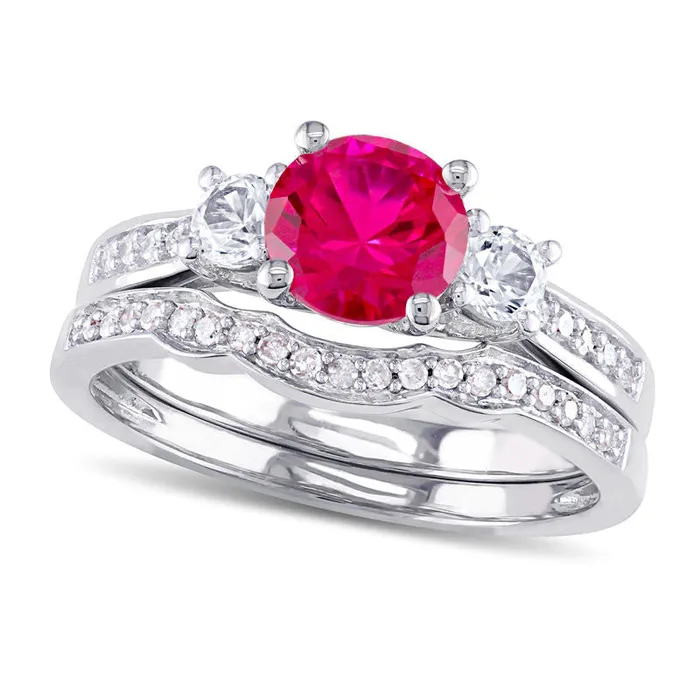 Goldia Rings 60mm LabCreated Ruby and White Sapphire with 013 CT TW Diamond Three Stone Bridal Engagement Ring Set in Solid 10K White Gold Goldia Rings 60mm LabCreated Ruby and White Sapphire with 013 CT TW Diamond Three Stone Bridal Engagement Ring Set in Solid 10K White Gold
