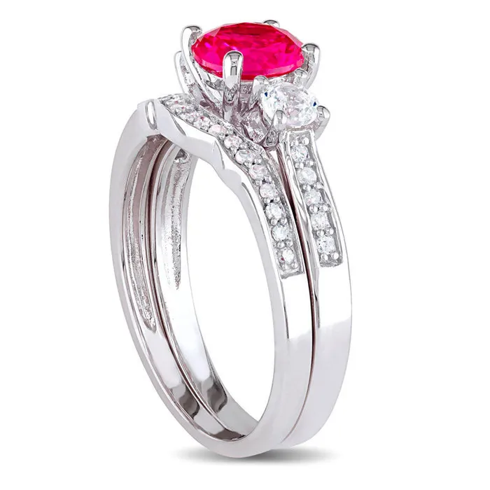 Goldia Rings 60mm LabCreated Ruby and White Sapphire with 013 CT TW Diamond Three Stone Bridal Engagement Ring Set in Solid 10K White Gold Goldia Rings 60mm LabCreated Ruby and White Sapphire with 013 CT TW Diamond Three Stone Bridal Engagement Ring Set in Solid 10K White Gold