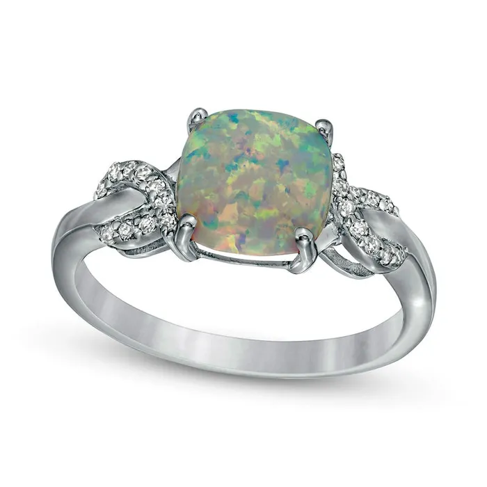 Goldia Rings 80mm CushionCut LabCreated Opal and 010 CT TW Diamond Ribbons Ring in Sterling Silver Goldia Rings 80mm CushionCut LabCreated Opal and 010 CT TW Diamond Ribbons Ring in Sterling Silver