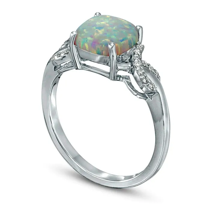 Goldia Rings 80mm CushionCut LabCreated Opal and 010 CT TW Diamond Ribbons Ring in Sterling Silver Goldia Rings 80mm CushionCut LabCreated Opal and 010 CT TW Diamond Ribbons Ring in Sterling Silver