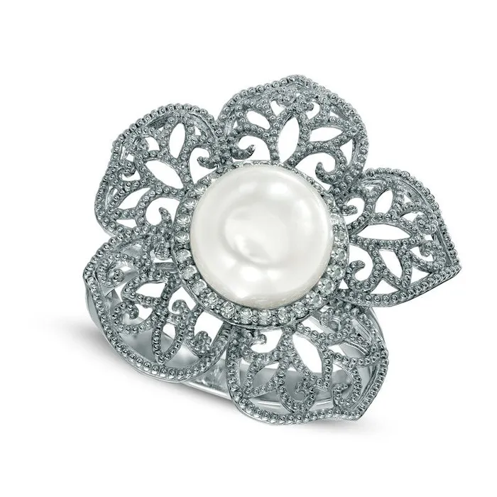 Goldia Rings 90mm Cultured Freshwater Pearl and 013 CT TW Natural Diamond Flower Ring in Sterling Silver Goldia Rings 90mm Cultured Freshwater Pearl and 013 CT TW Natural Diamond Flower Ring in Sterling Silver