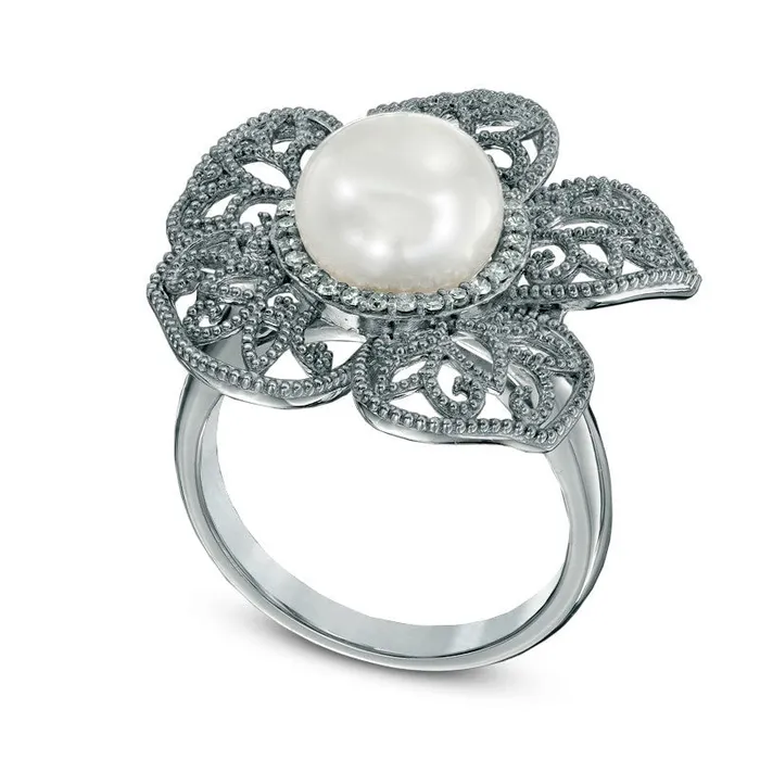 Goldia Rings 90mm Cultured Freshwater Pearl and 013 CT TW Natural Diamond Flower Ring in Sterling Silver Goldia Rings 90mm Cultured Freshwater Pearl and 013 CT TW Natural Diamond Flower Ring in Sterling Silver