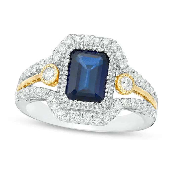 Goldia Rings EmeraldCut Blue Sapphire and 063 CT TW Natural Diamond Frame Art Deco Ring in Solid 14K TwoTone Gold Goldia Rings EmeraldCut Blue Sapphire and 063 CT TW Natural Diamond Frame Art Deco Ring in Solid 14K TwoTone Gold