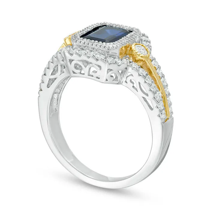 Goldia Rings EmeraldCut Blue Sapphire and 063 CT TW Natural Diamond Frame Art Deco Ring in Solid 14K TwoTone Gold Goldia Rings EmeraldCut Blue Sapphire and 063 CT TW Natural Diamond Frame Art Deco Ring in Solid 14K TwoTone Gold