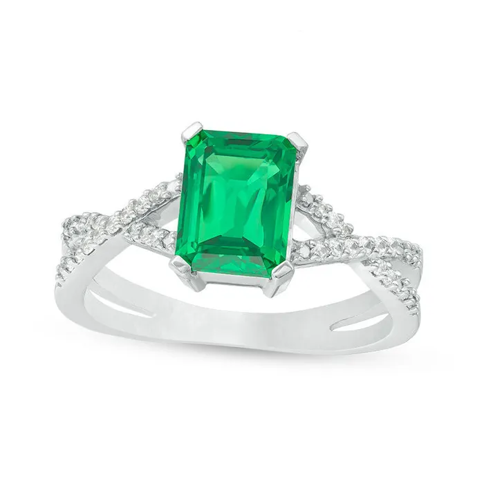 Goldia Rings EmeraldCut LabCreated Emerald and 010 CT TW Diamond CrissCross Split Shank Ring in Solid 10K White Gold Goldia Rings EmeraldCut LabCreated Emerald and 010 CT TW Diamond CrissCross Split Shank Ring in Solid 10K White Gold
